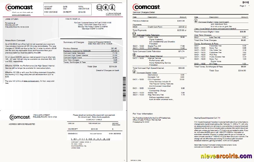USA Comcast utility bill, 2 pages, version 2